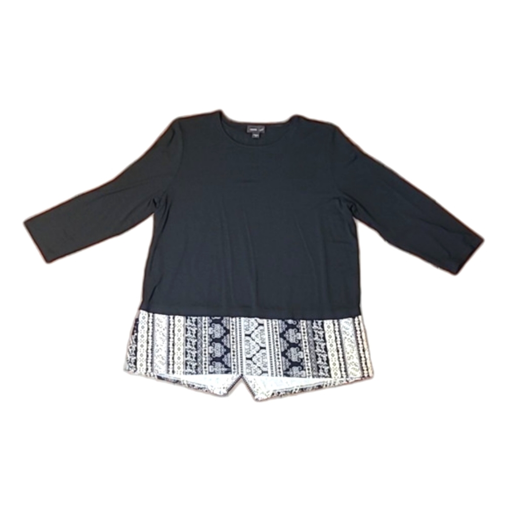 J. Jill Tunic Blouse Layered Look Flowy Knit Top Boat Neck Print Hem Long Fit